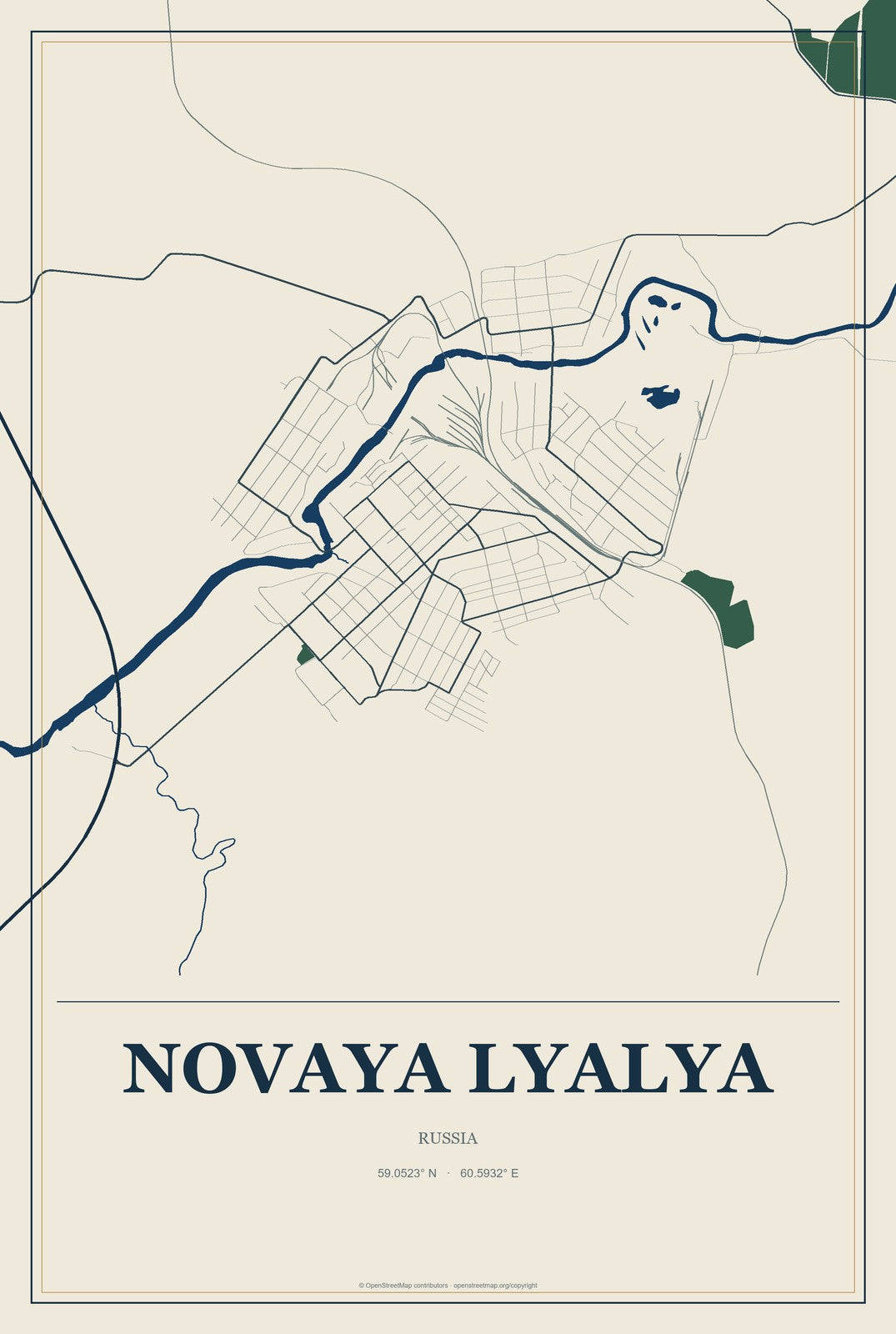 Novaya Lyalya, Russia City Map Aluminum Sign in Coastal Cutout style