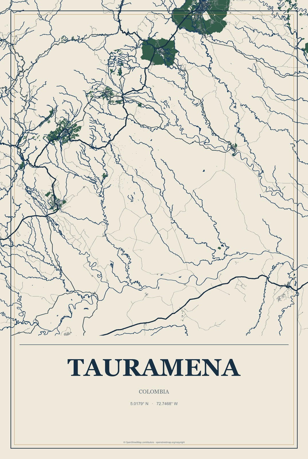Tauramena, Colombia City Map Aluminum Sign in Coastal Cutout style
