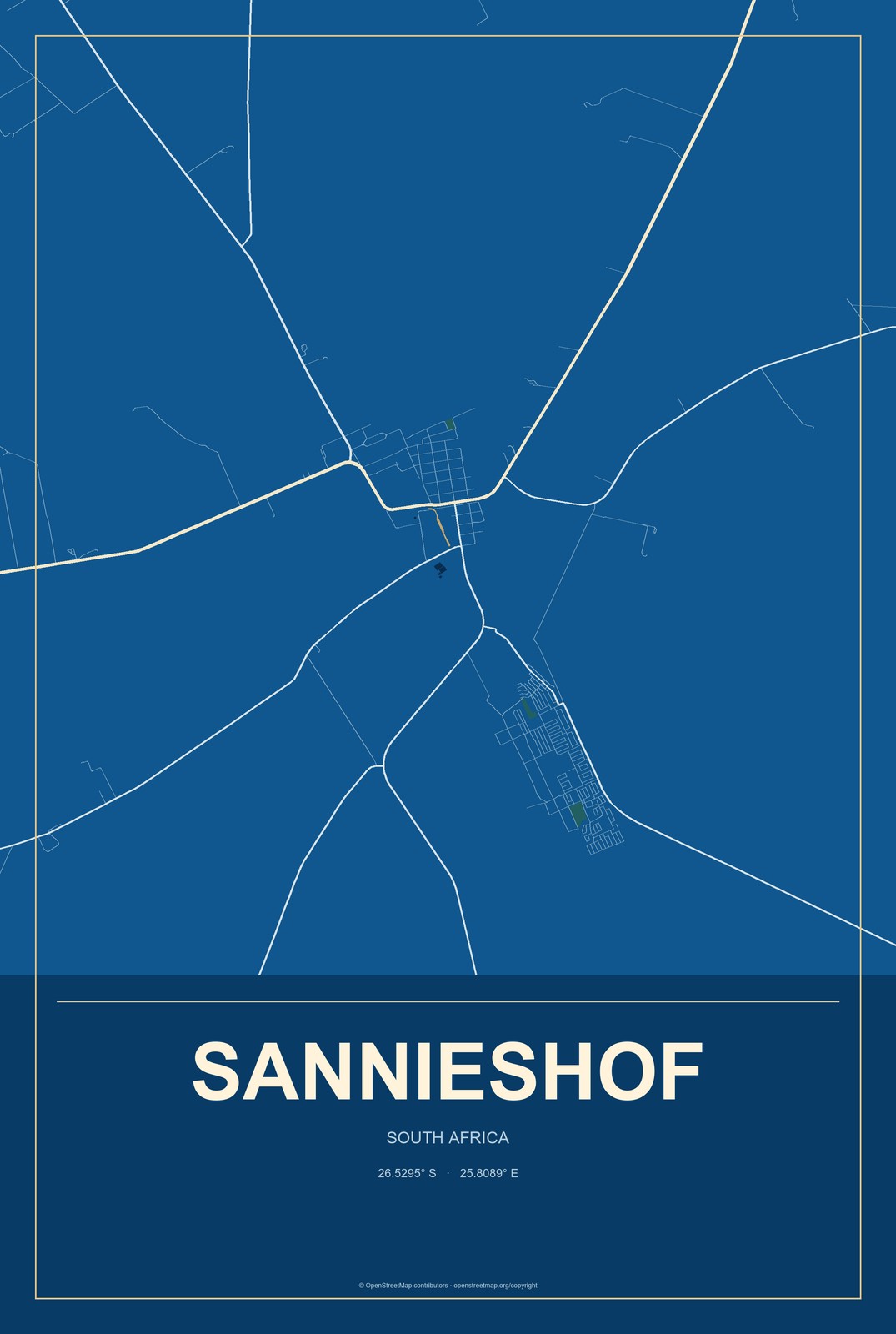 Sannieshof, South Africa City Map Aluminum Sign in Harbor Cobalt style