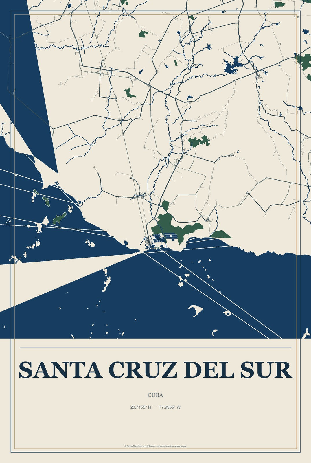 Santa Cruz del Sur, Cuba City Map Aluminum Sign in Coastal Cutout style