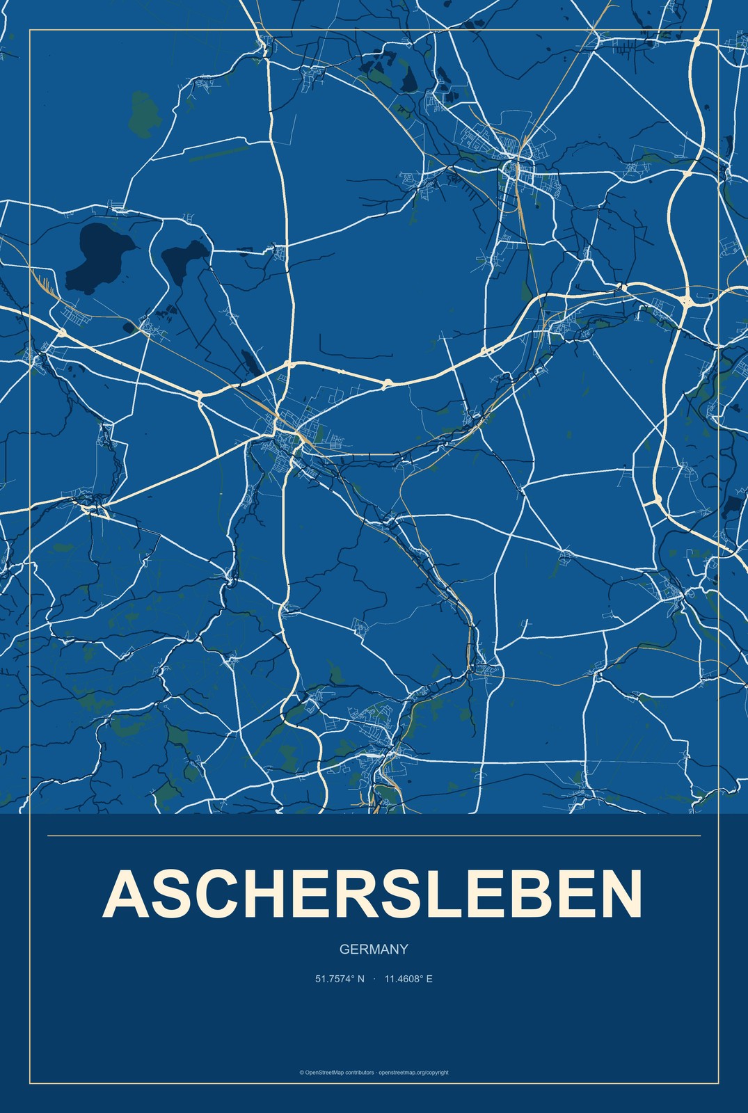 Aschersleben, Germany City Map Aluminum Sign in Harbor Cobalt style