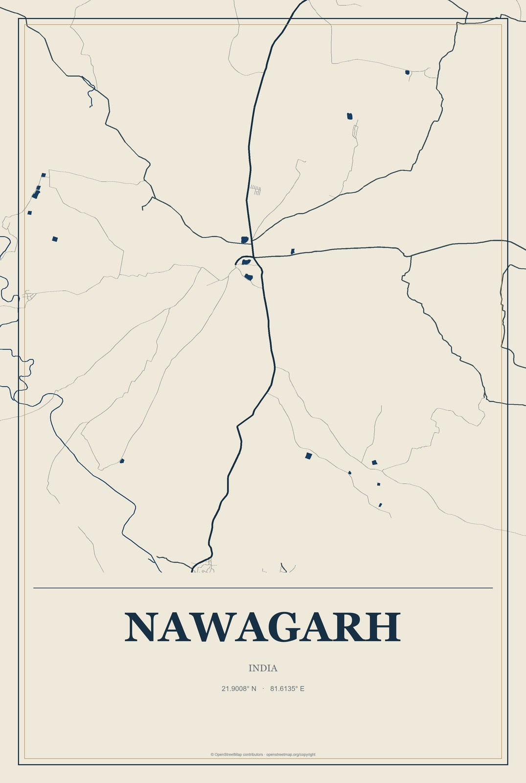 Nawagarh, India City Map Aluminum Sign in Coastal Cutout style