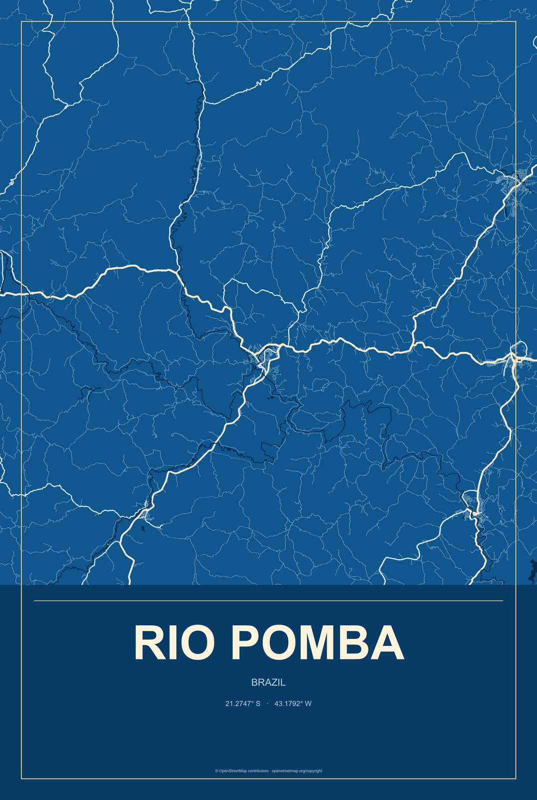 Rio Pomba, Brazil City Map Aluminum Sign in Harbor Cobalt style