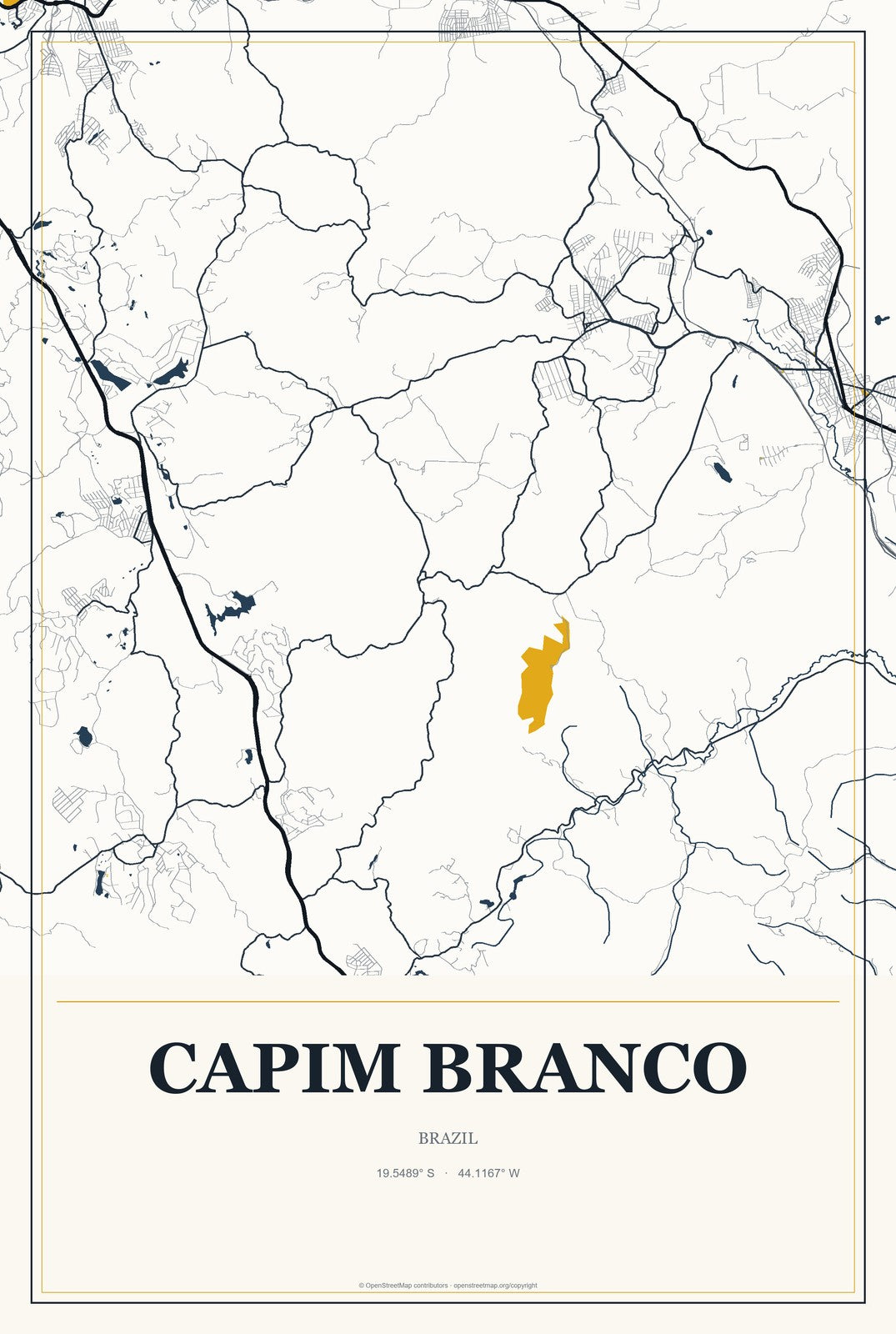Capim Branco, Brazil City Map Aluminum Sign in Citrine Modern style