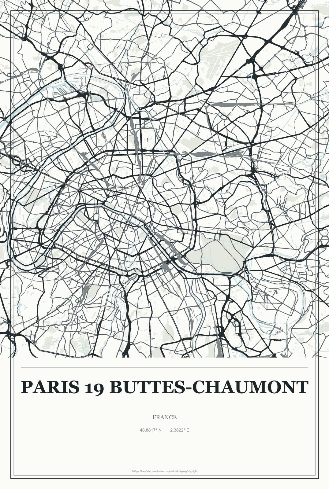 Paris 19 Buttes-Chaumont, France City Map Aluminum Sign in Gallery Air style