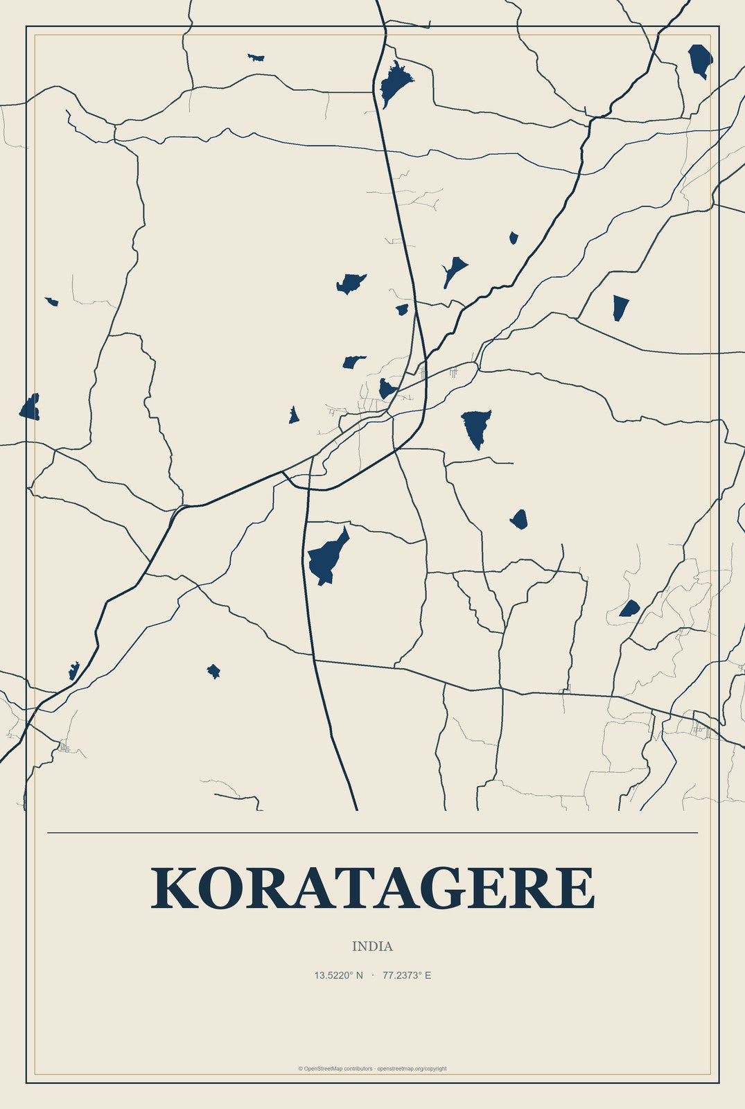 Koratagere, India City Map Aluminum Sign in Coastal Cutout style