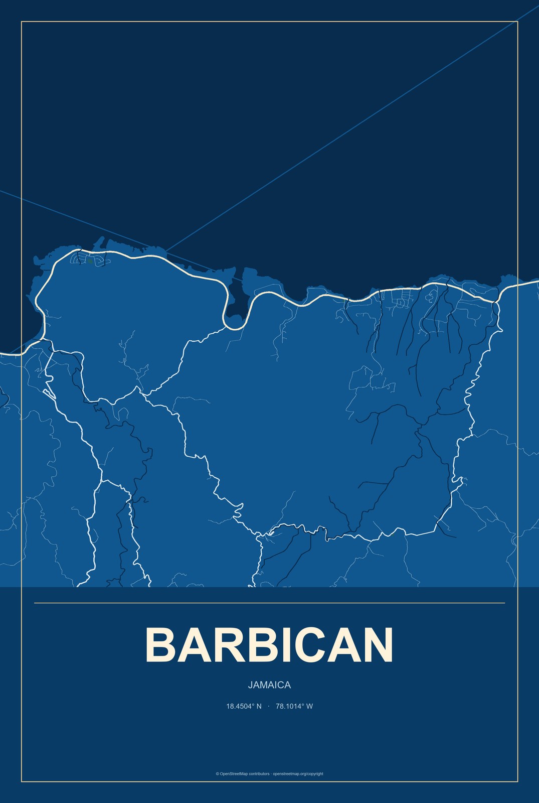 Barbican, Jamaica City Map Aluminum Sign in Harbor Cobalt style