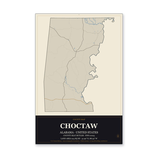 Choctaw County, Alabama Map Aluminum Sign in Museum Plaque style