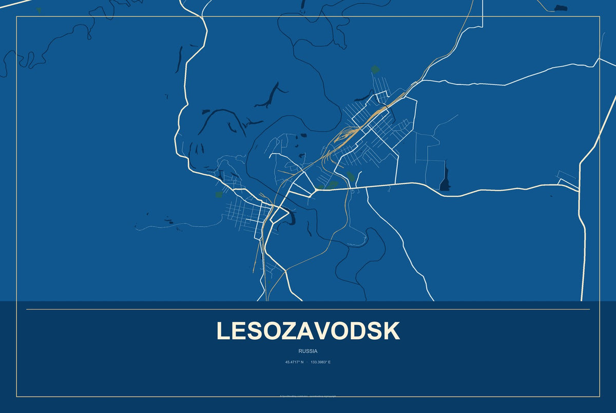 Lesozavodsk, Russia City Map Aluminum Sign in Harbor Cobalt style