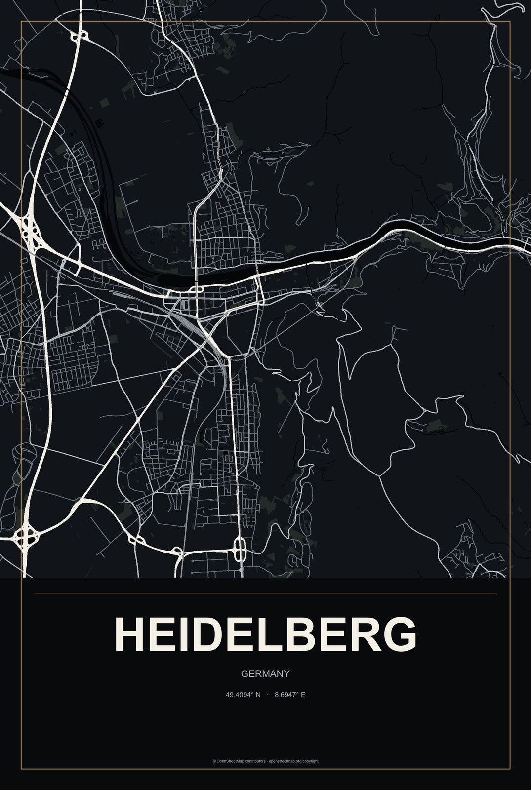 Heidelberg, Germany City Map Aluminum Sign in Metropolitan Noir style