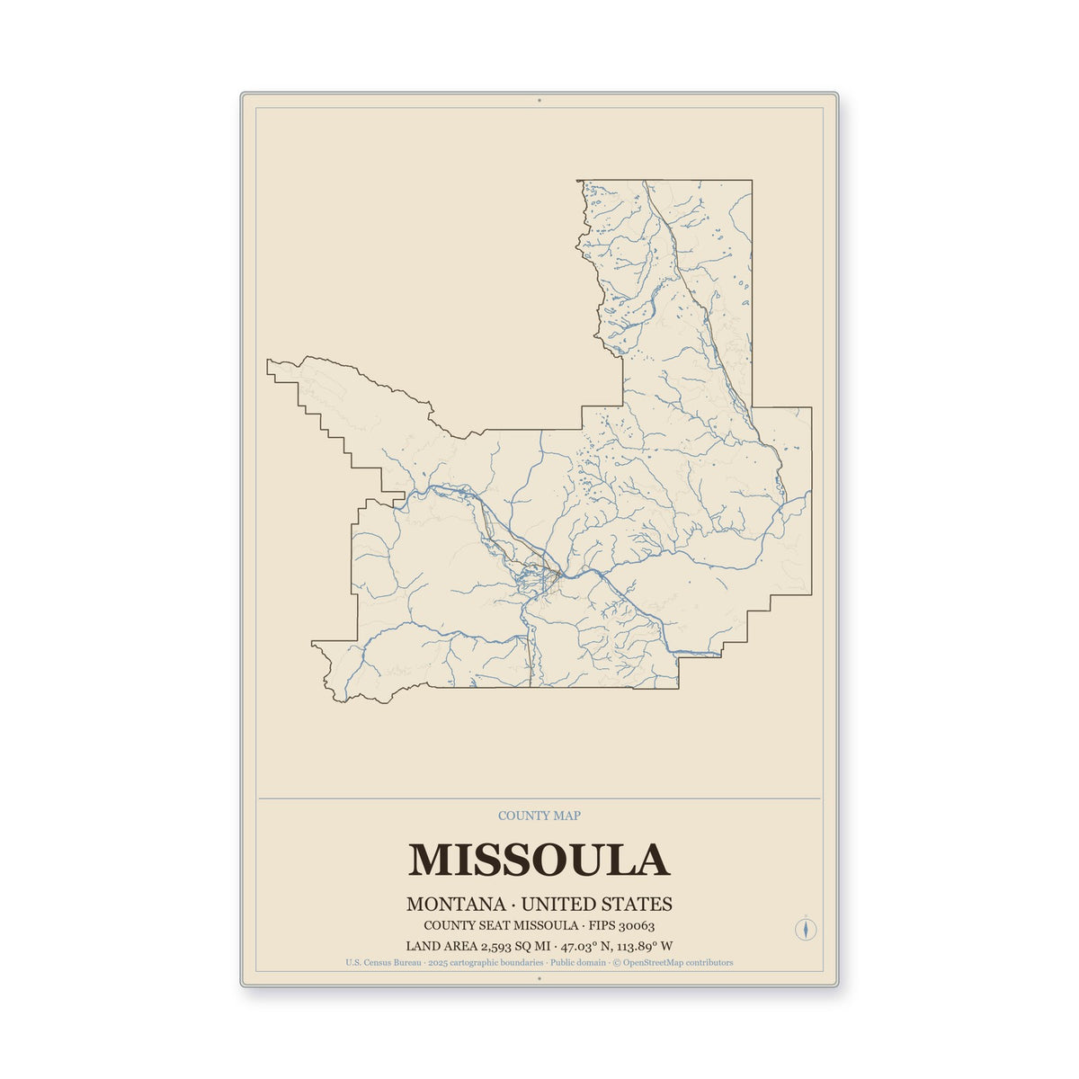 Missoula County, Montana Map Aluminum Sign in Heritage Nautical style