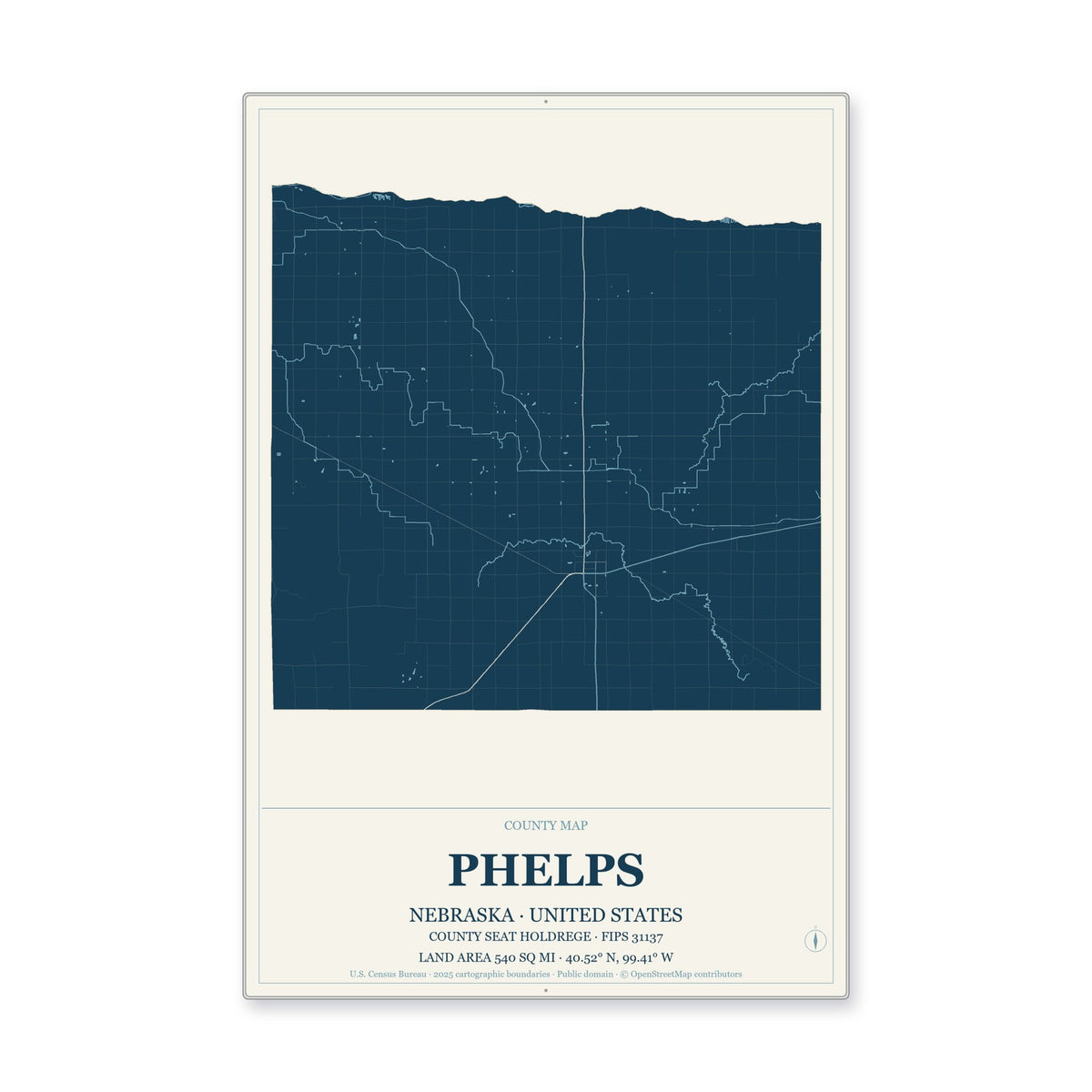 Phelps County, Nebraska Map Aluminum Sign in Coastal Cutout style