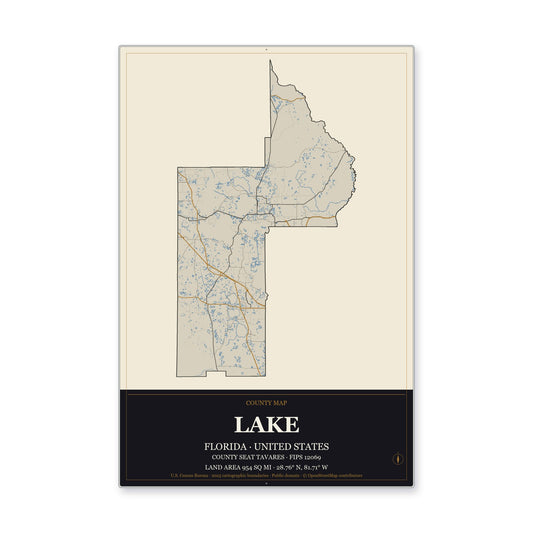 Lake County, Florida Map Aluminum Sign in Museum Plaque style