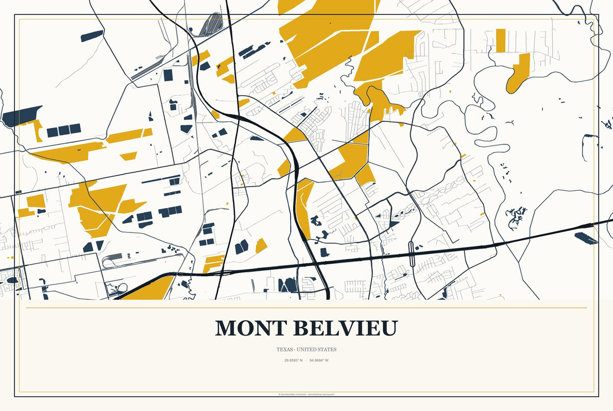Mont Belvieu, Texas City Map Aluminum Sign in Citrine Modern style
