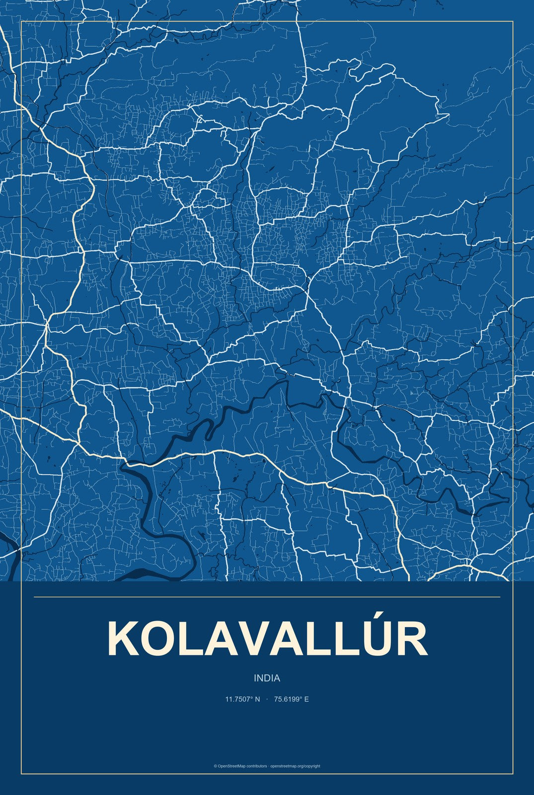 Kolavallúr, India City Map Aluminum Sign in Harbor Cobalt style