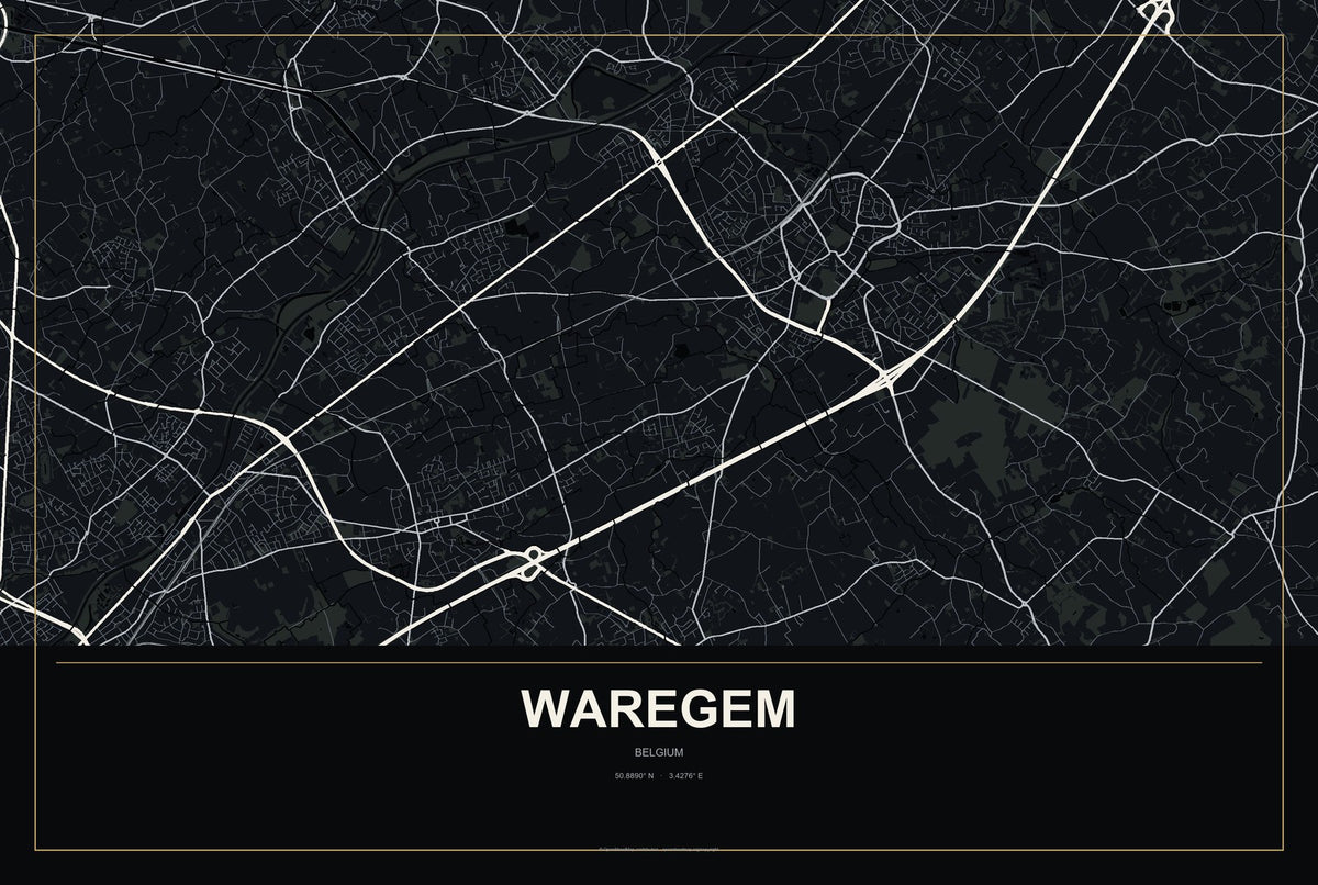 Waregem, Belgium City Map Aluminum Sign in Metropolitan Noir style