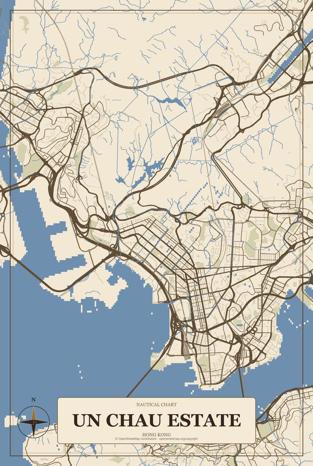 Un Chau Estate, Hong Kong City Map Aluminum Sign in Heritage Nautical style
