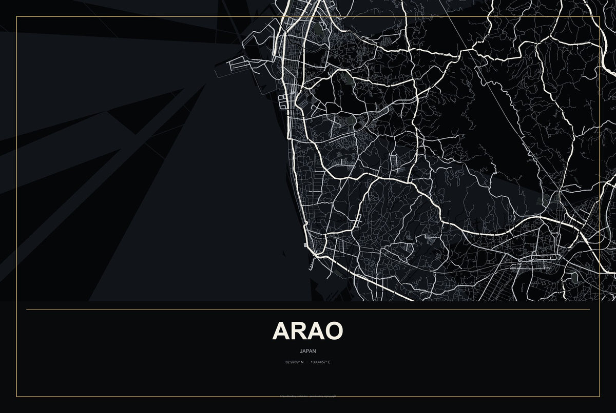 Arao, Japan City Map Aluminum Sign in Metropolitan Noir style