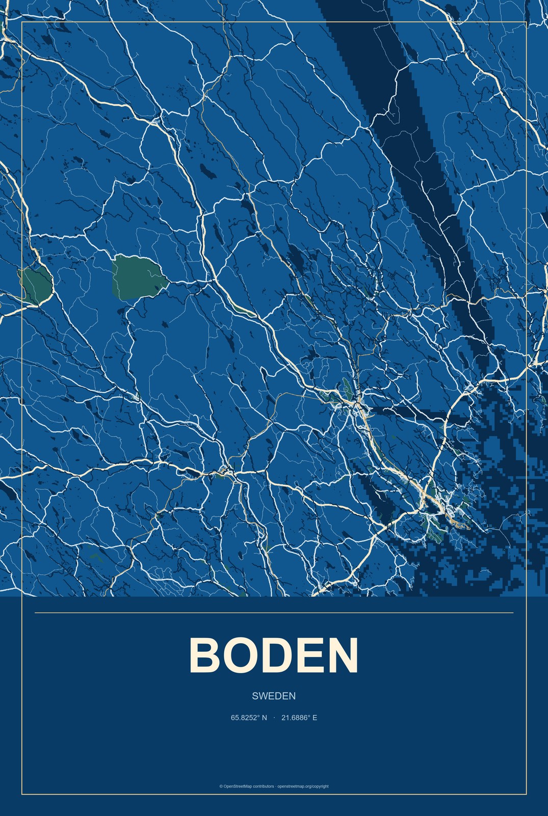 Boden, Sweden City Map Aluminum Sign in Harbor Cobalt style