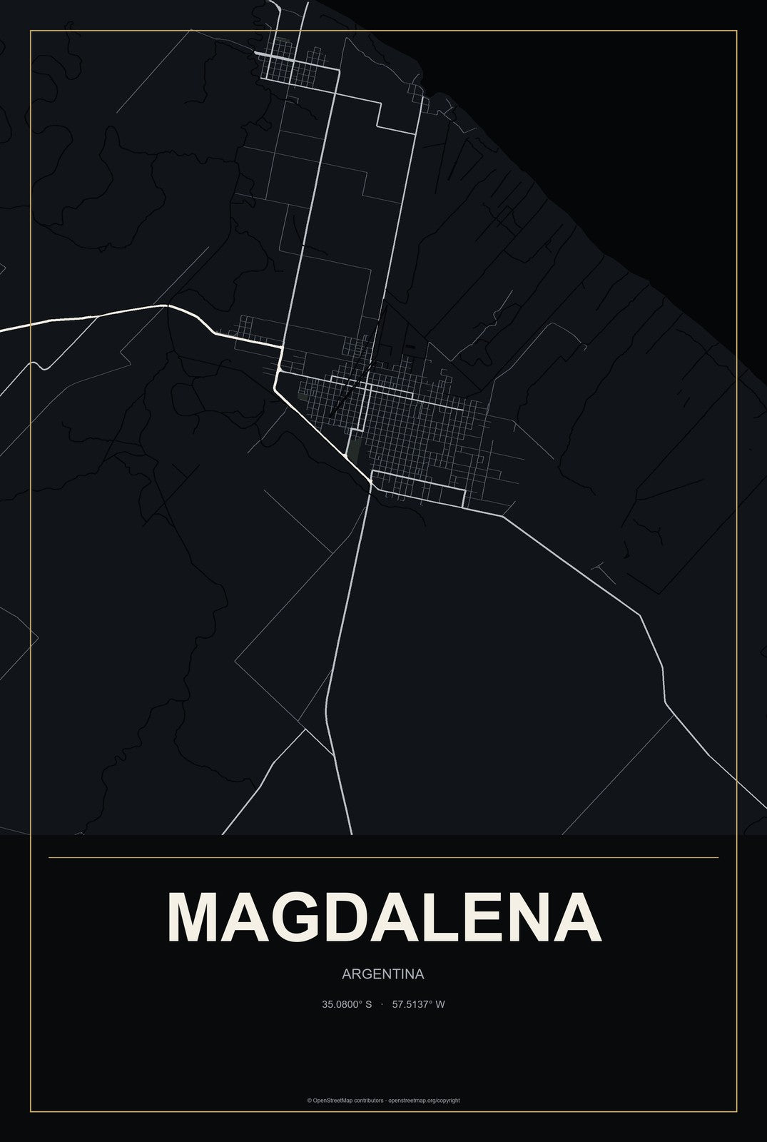 Magdalena, Argentina City Map Aluminum Sign in Metropolitan Noir style