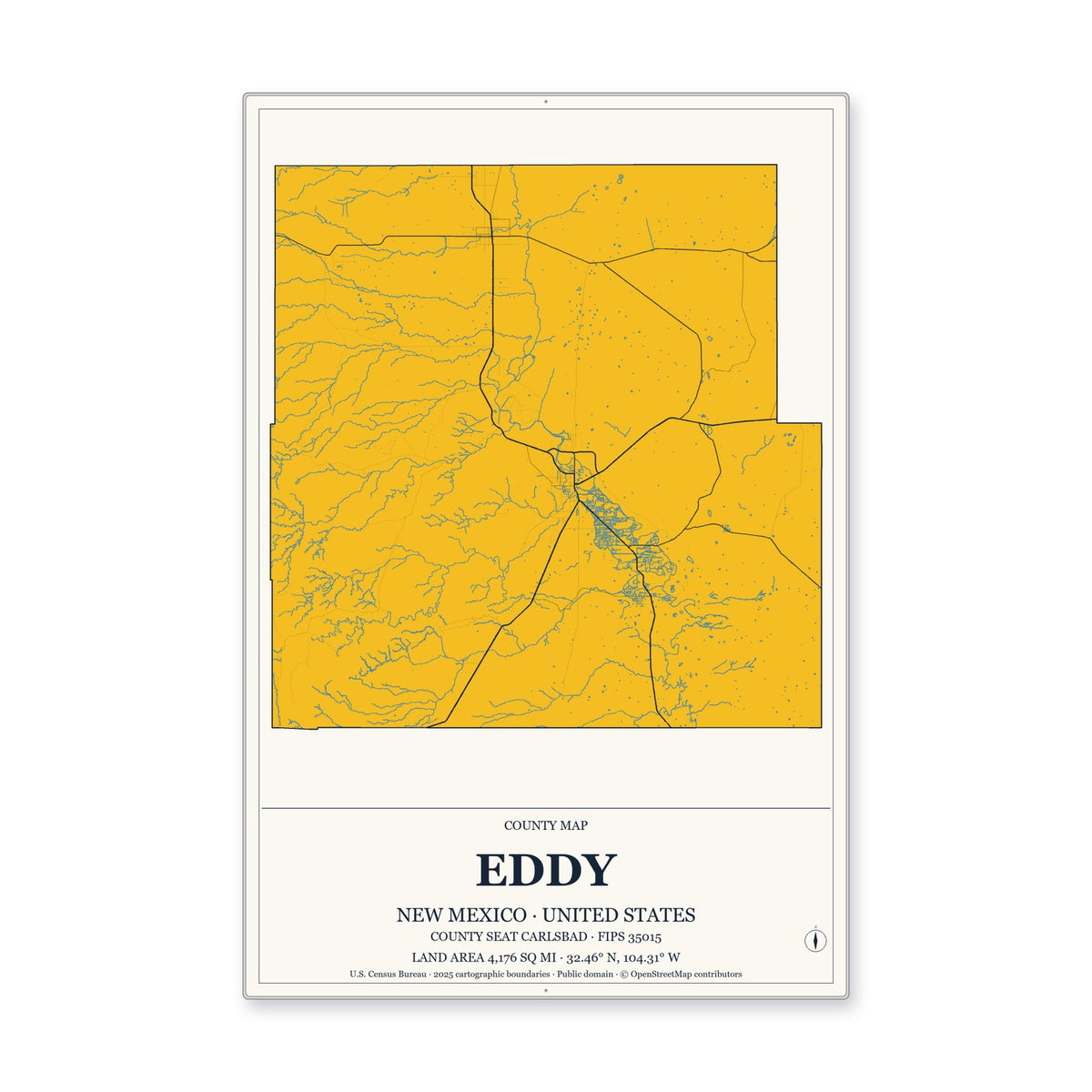 Eddy County, New Mexico Map Aluminum Sign in Citrine Modern style