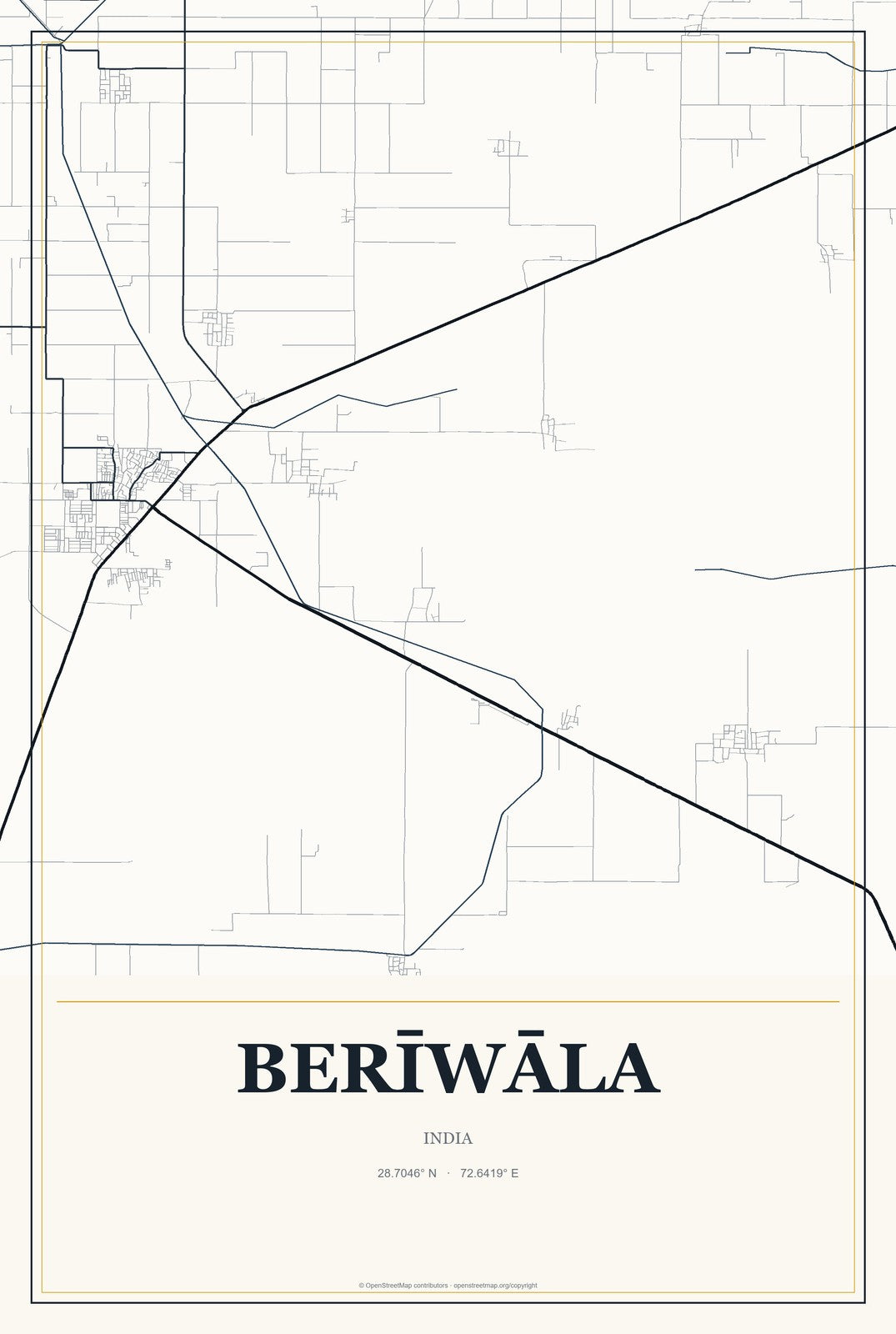 Berīwāla, India City Map Aluminum Sign in Citrine Modern style