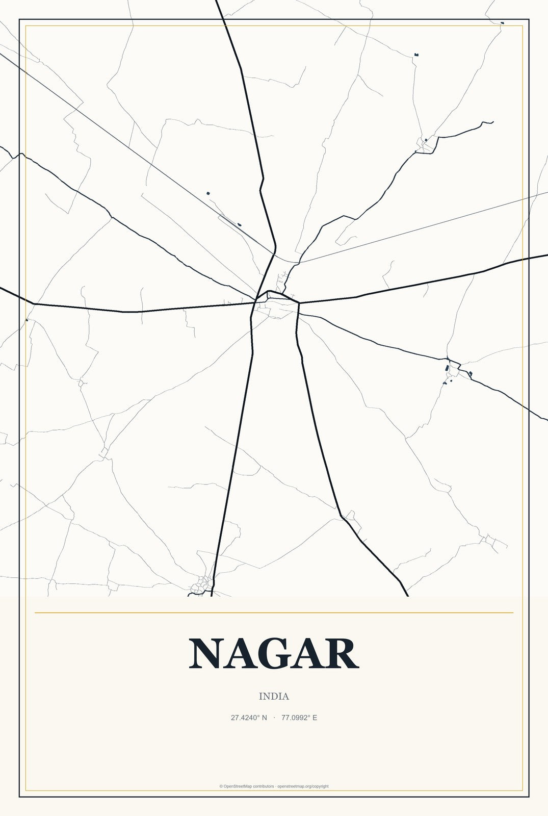 Nagar, India City Map Aluminum Sign in Citrine Modern style