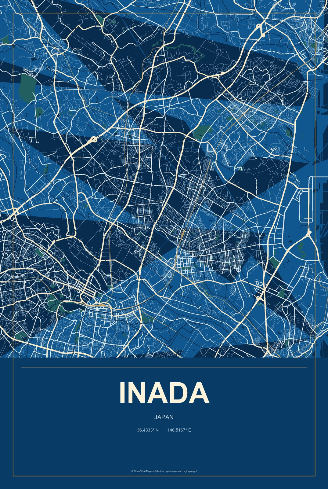 Inada, Japan City Map Aluminum Sign in Harbor Cobalt style