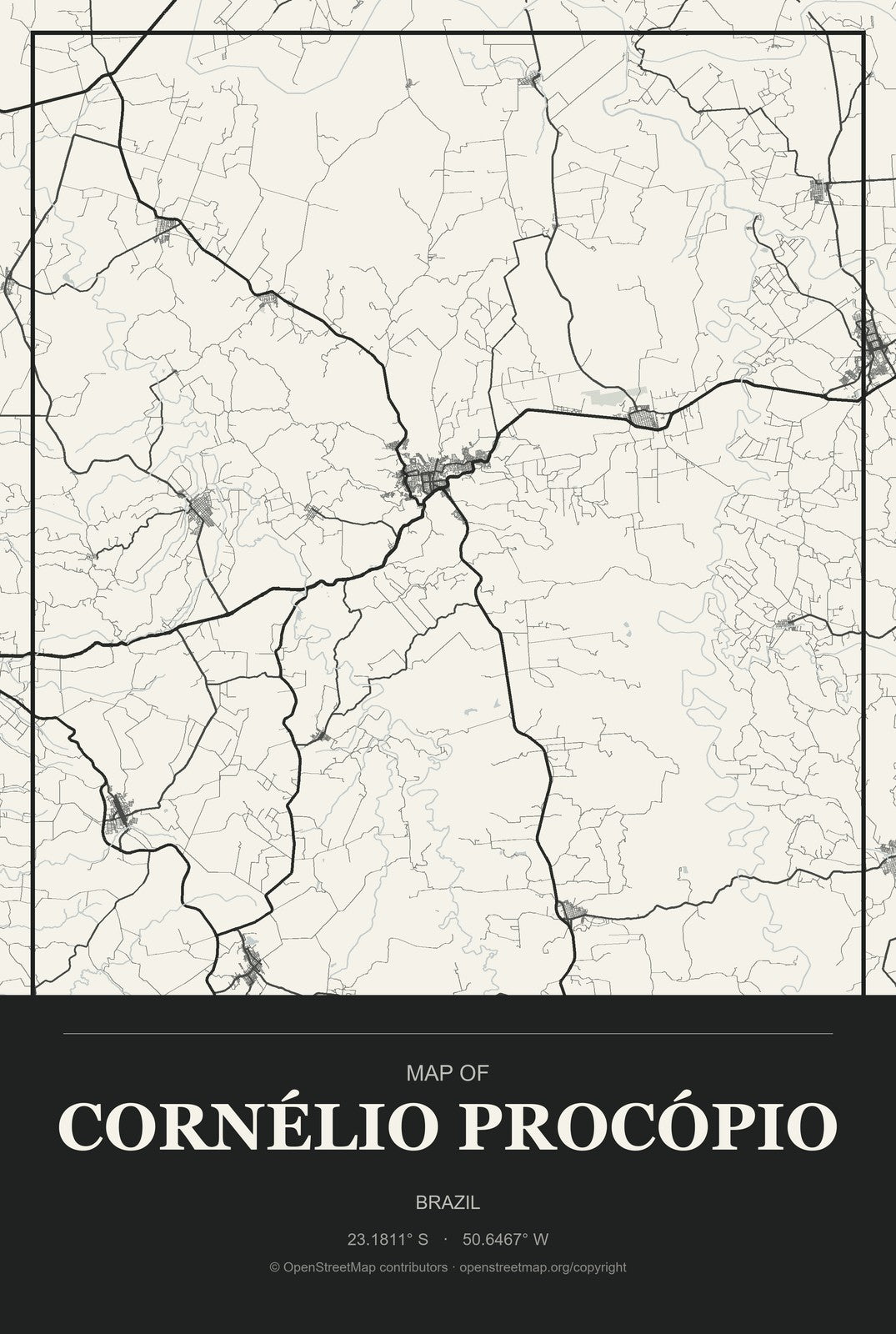 Cornélio Procópio, Brazil City Map Aluminum Sign in Museum Plaque style