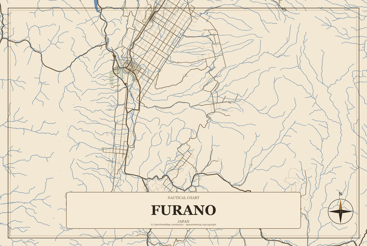 Furano, Japan City Map Aluminum Sign in Heritage Nautical style
