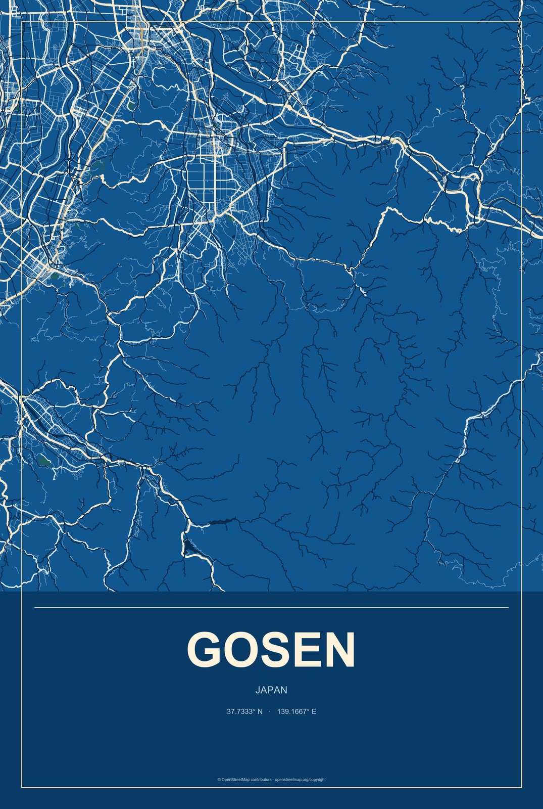 Gosen, Japan City Map Aluminum Sign in Harbor Cobalt style