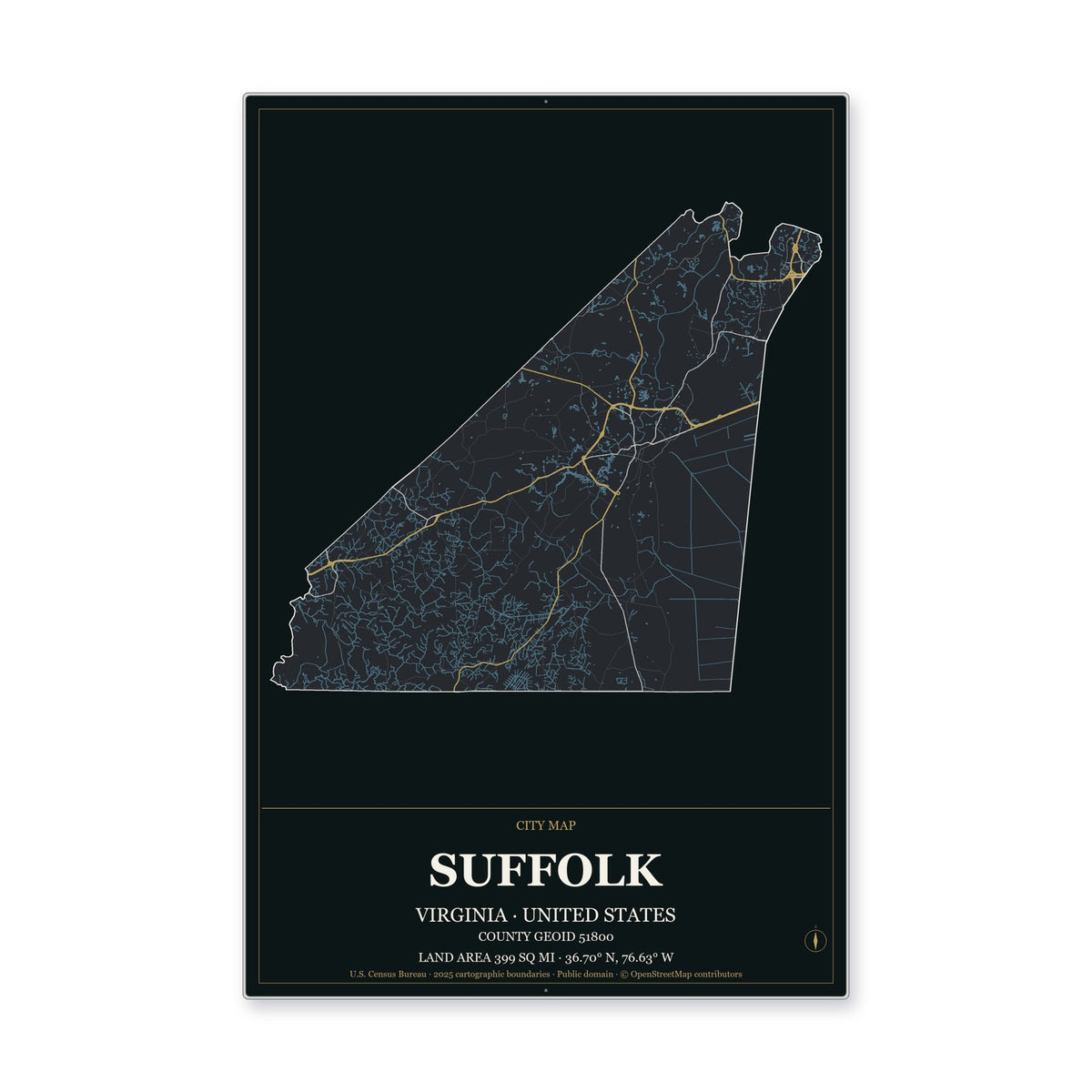 Suffolk city, Virginia Map Aluminum Sign in Metropolitan Noir style