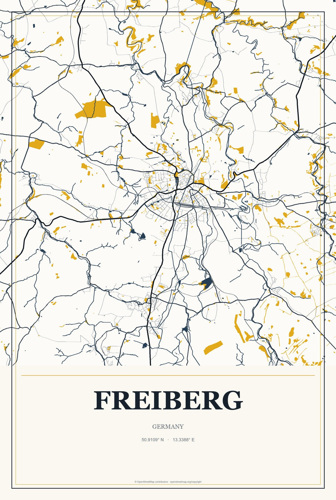 Freiberg, Germany City Map Aluminum Sign in Citrine Modern style
