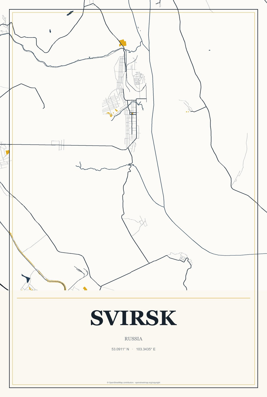 Svirsk, Russia City Map Aluminum Sign in Citrine Modern style