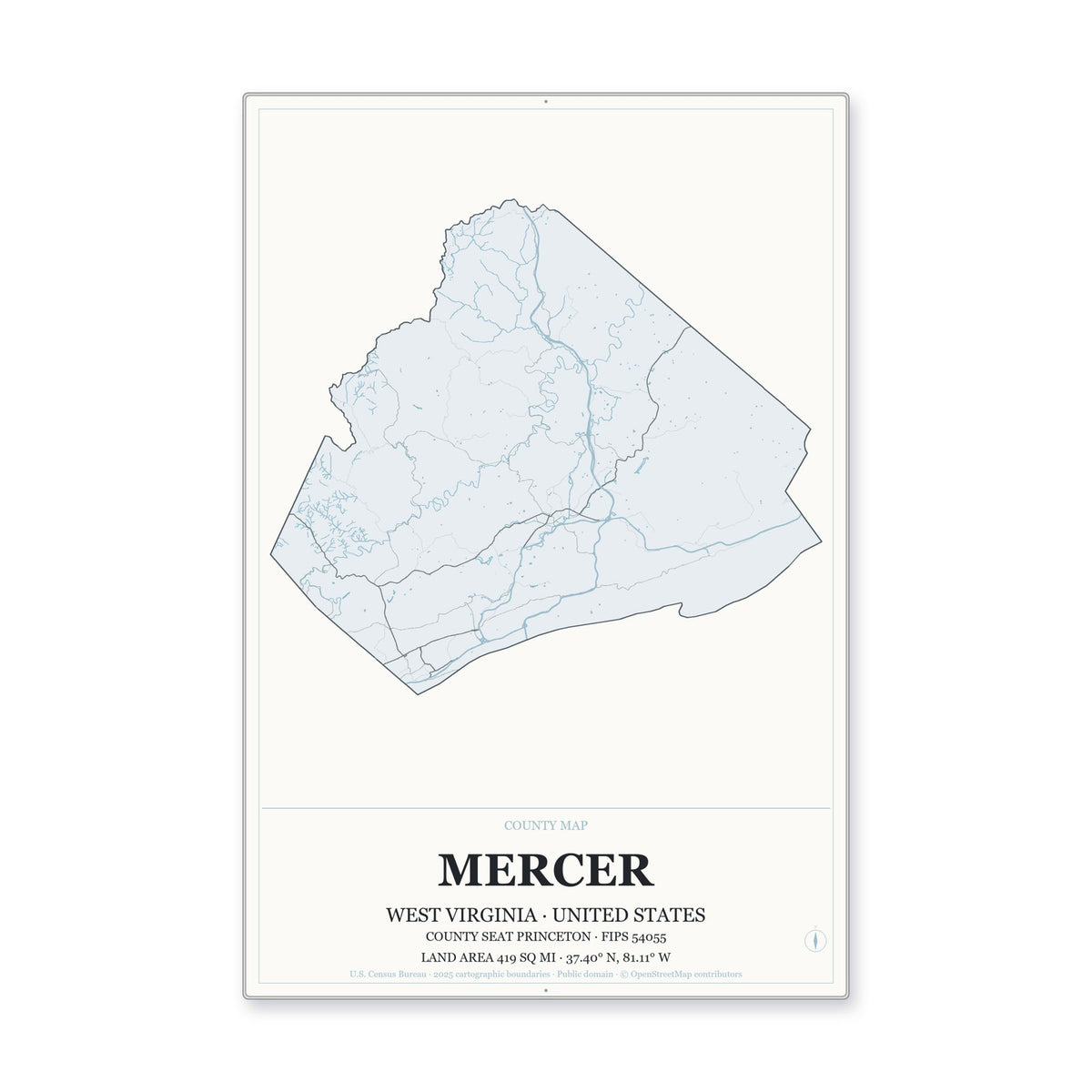 Mercer County, West Virginia Map Aluminum Sign in Gallery Air style