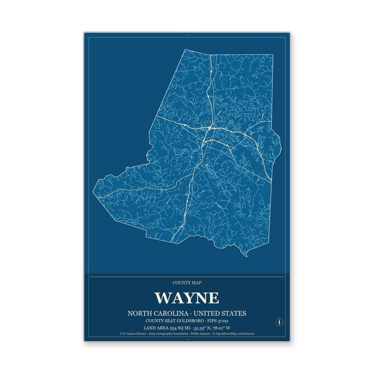 Wayne County, North Carolina Map Aluminum Sign in Harbor Cobalt style