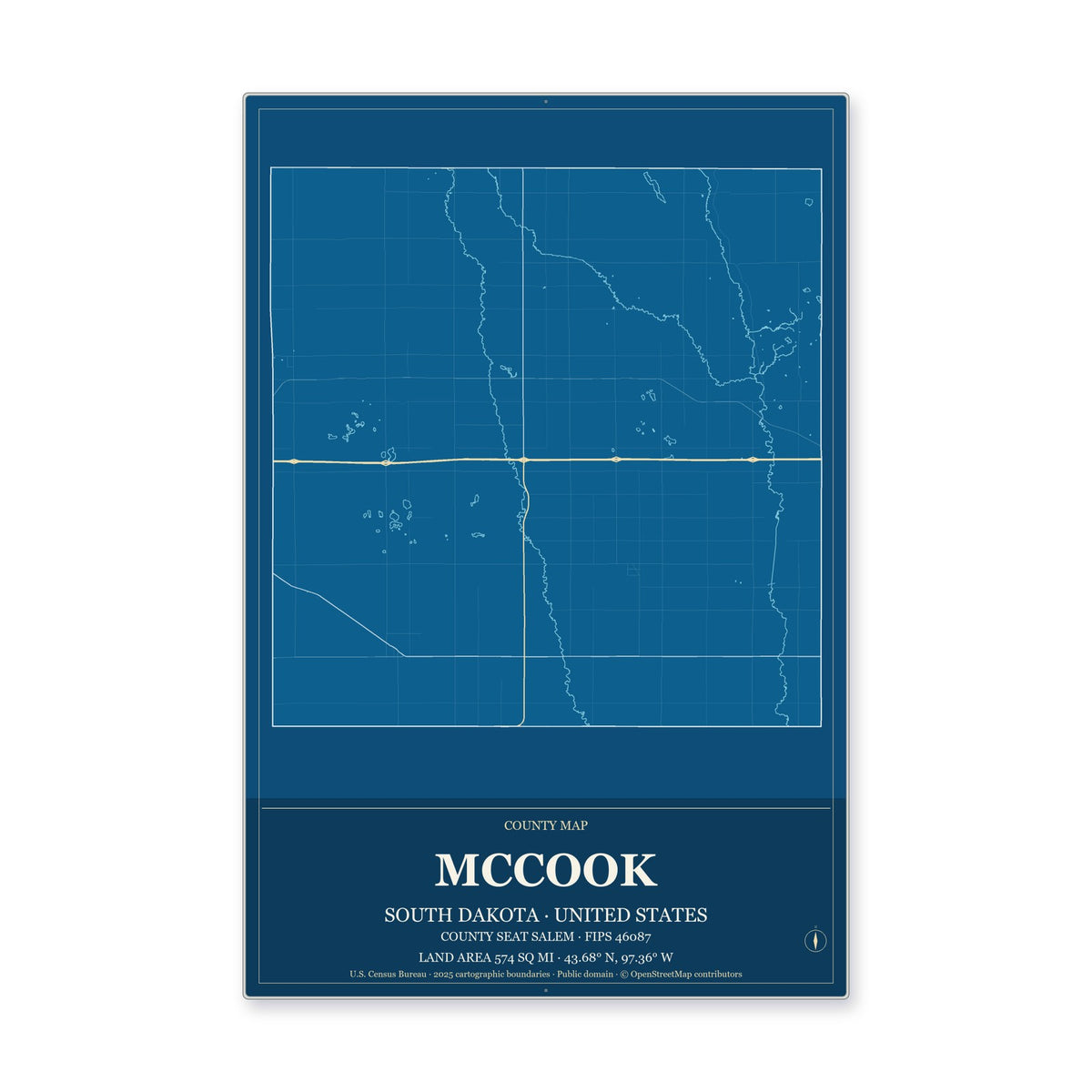 McCook County, South Dakota Map Aluminum Sign in Harbor Cobalt style