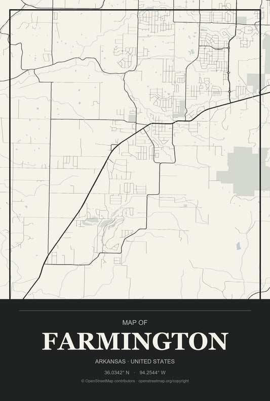 Farmington, Arkansas City Map Aluminum Sign in Museum Plaque style