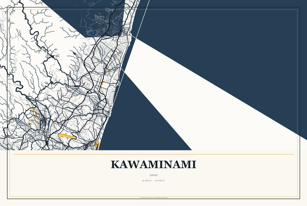 Kawaminami, Japan City Map Aluminum Sign in Citrine Modern style