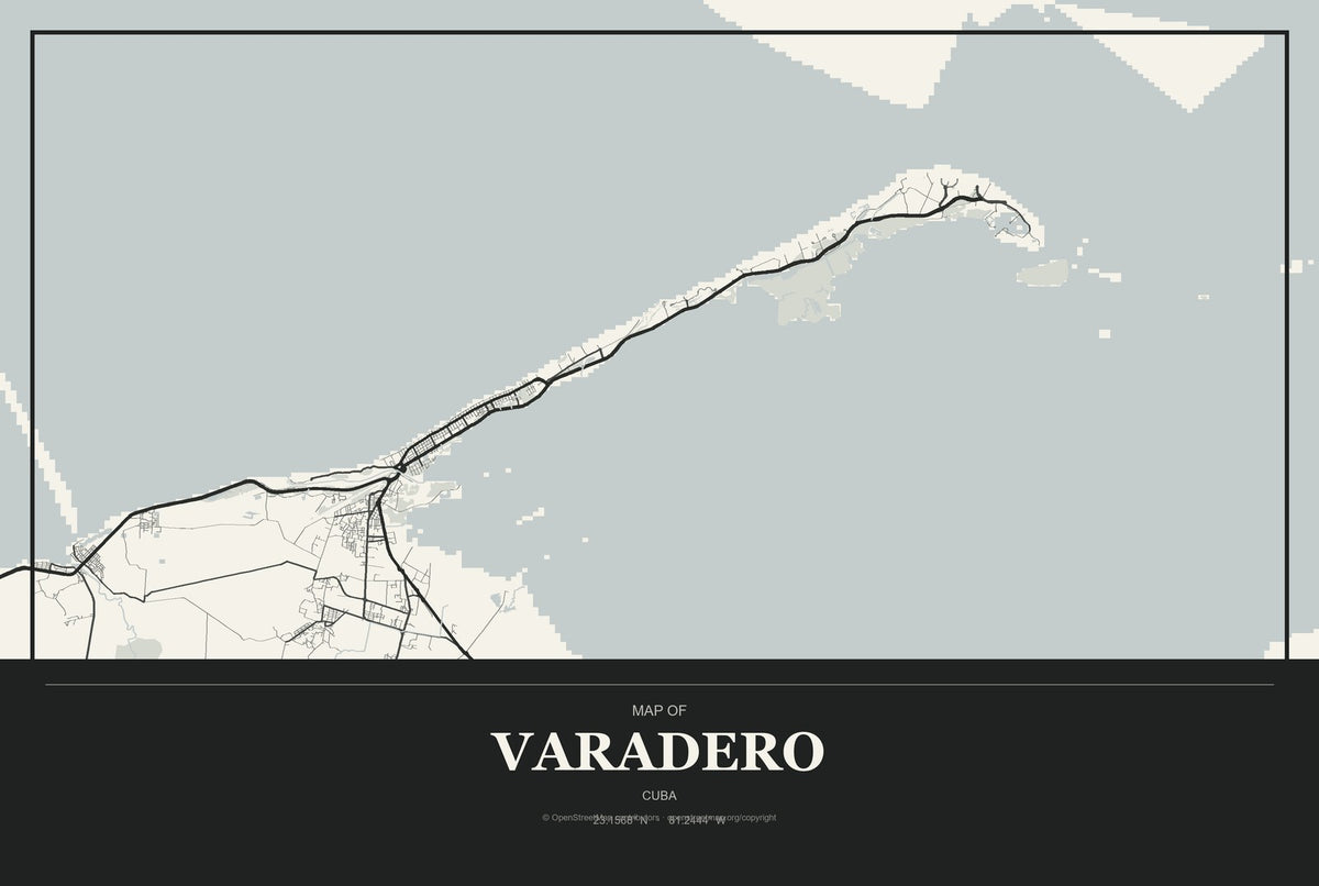 Varadero, Cuba City Map Aluminum Sign in Museum Plaque style