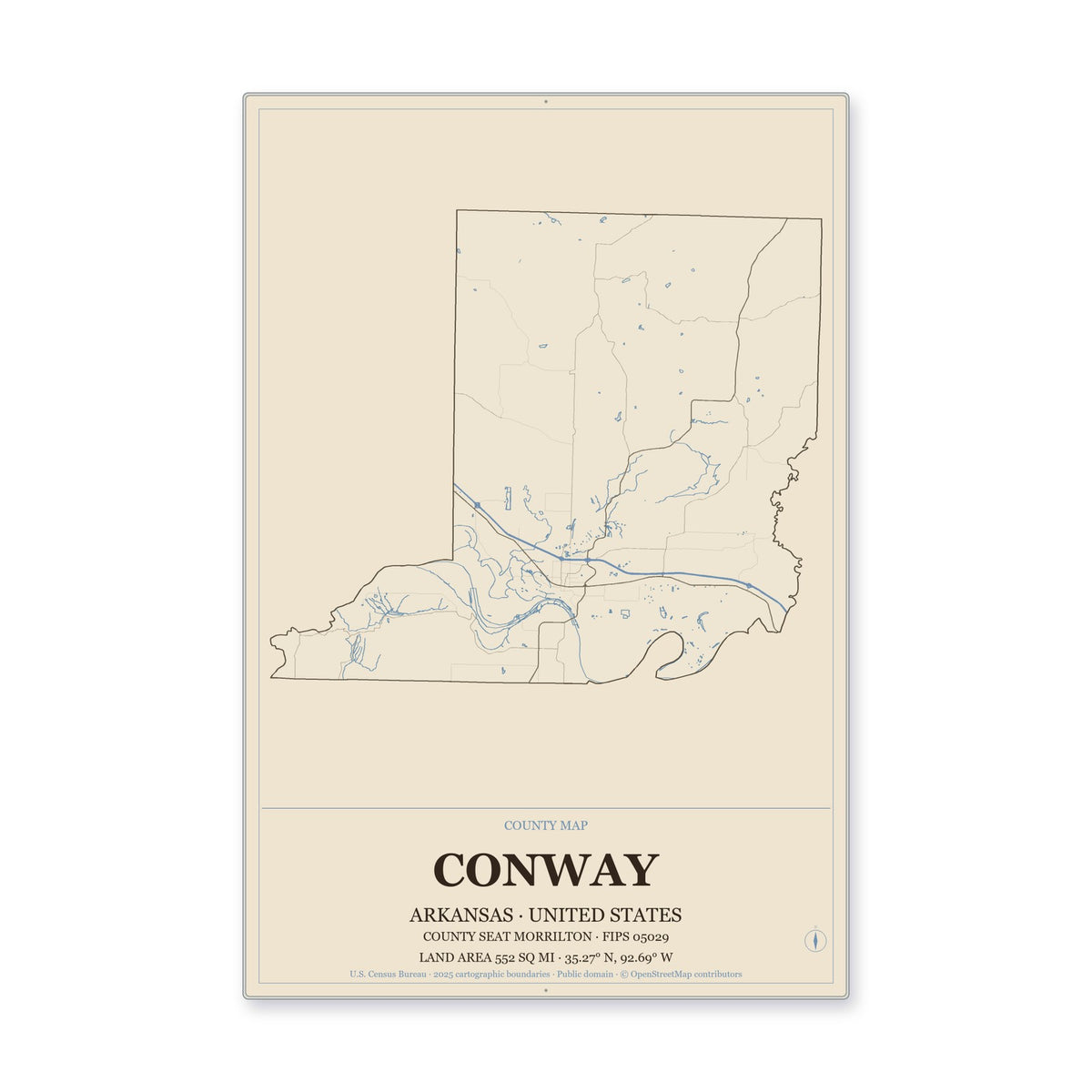 Conway County, Arkansas Map Aluminum Sign in Heritage Nautical style