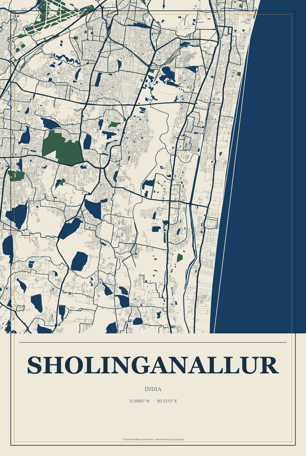Sholinganallur, India City Map Aluminum Sign in Coastal Cutout style