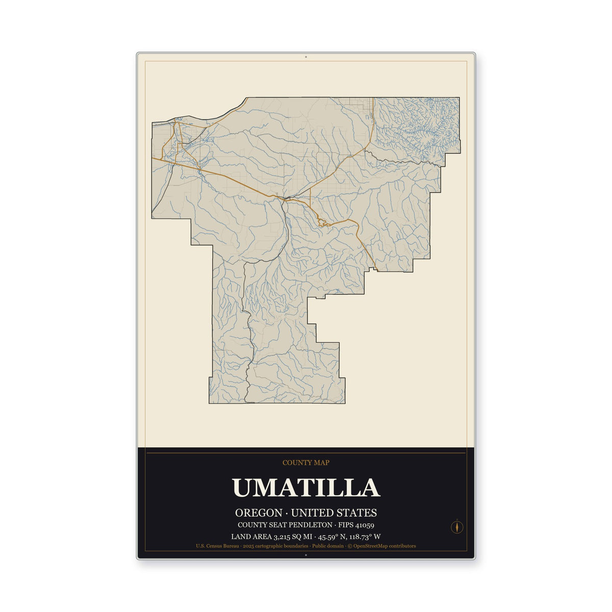 Umatilla County, Oregon Map Aluminum Sign in Museum Plaque style