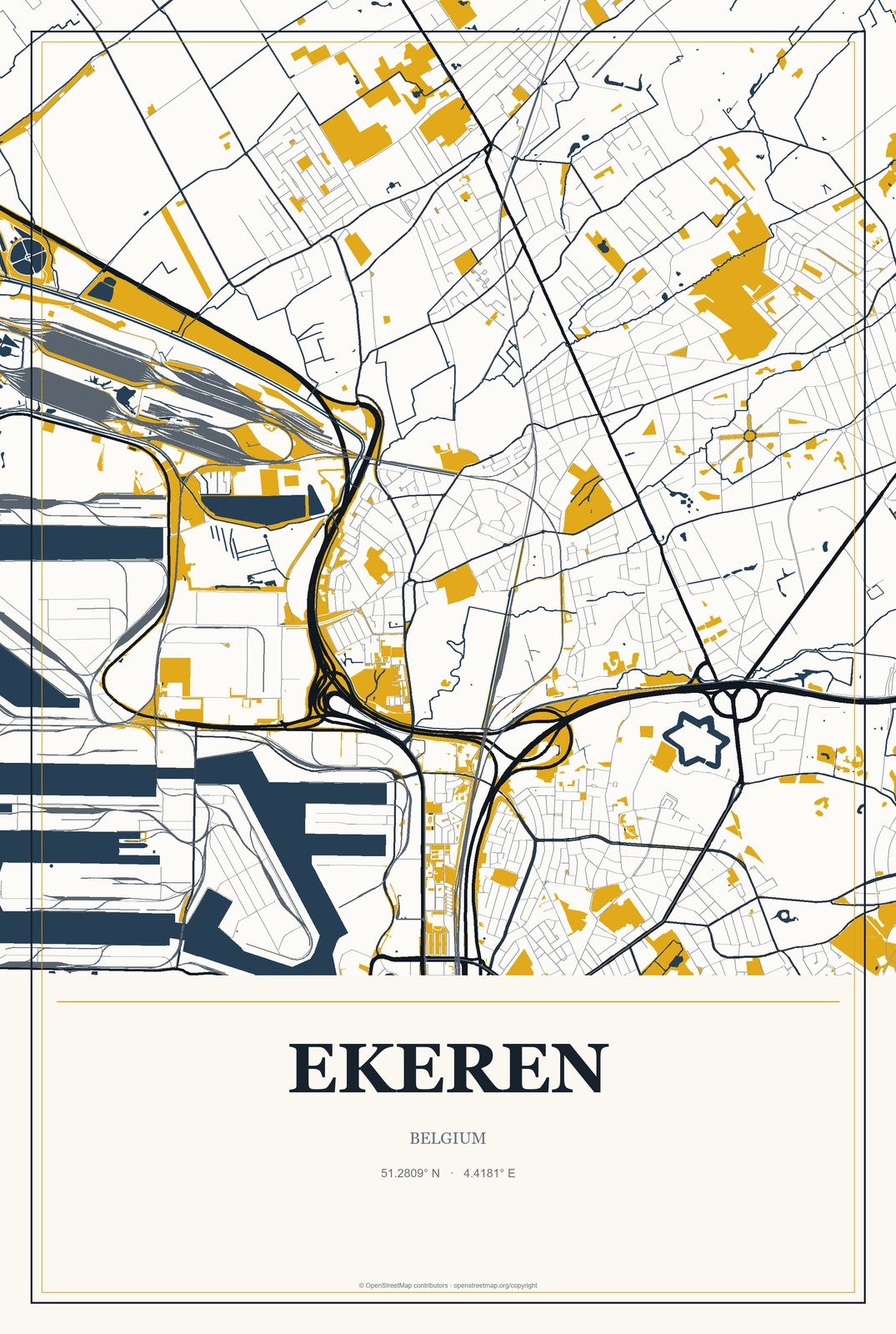 Ekeren, Belgium City Map Aluminum Sign in Citrine Modern style