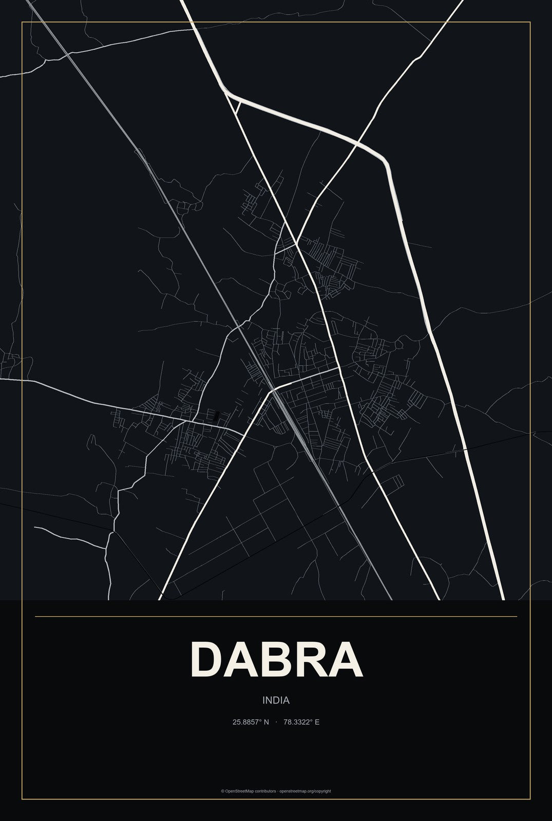 Dabra, India City Map Aluminum Sign in Metropolitan Noir style