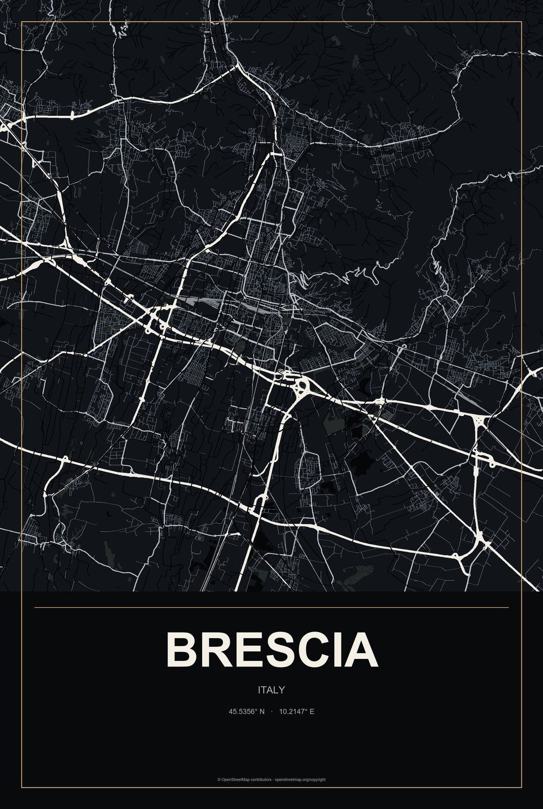 Brescia, Italy City Map Aluminum Sign in Metropolitan Noir style