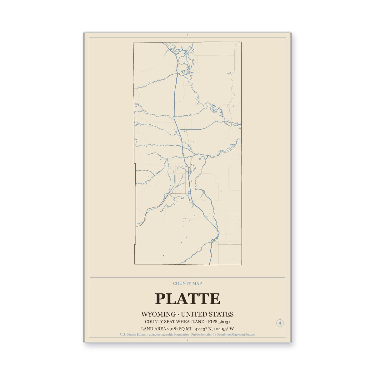 Platte County, Wyoming Map Aluminum Sign in Heritage Nautical style