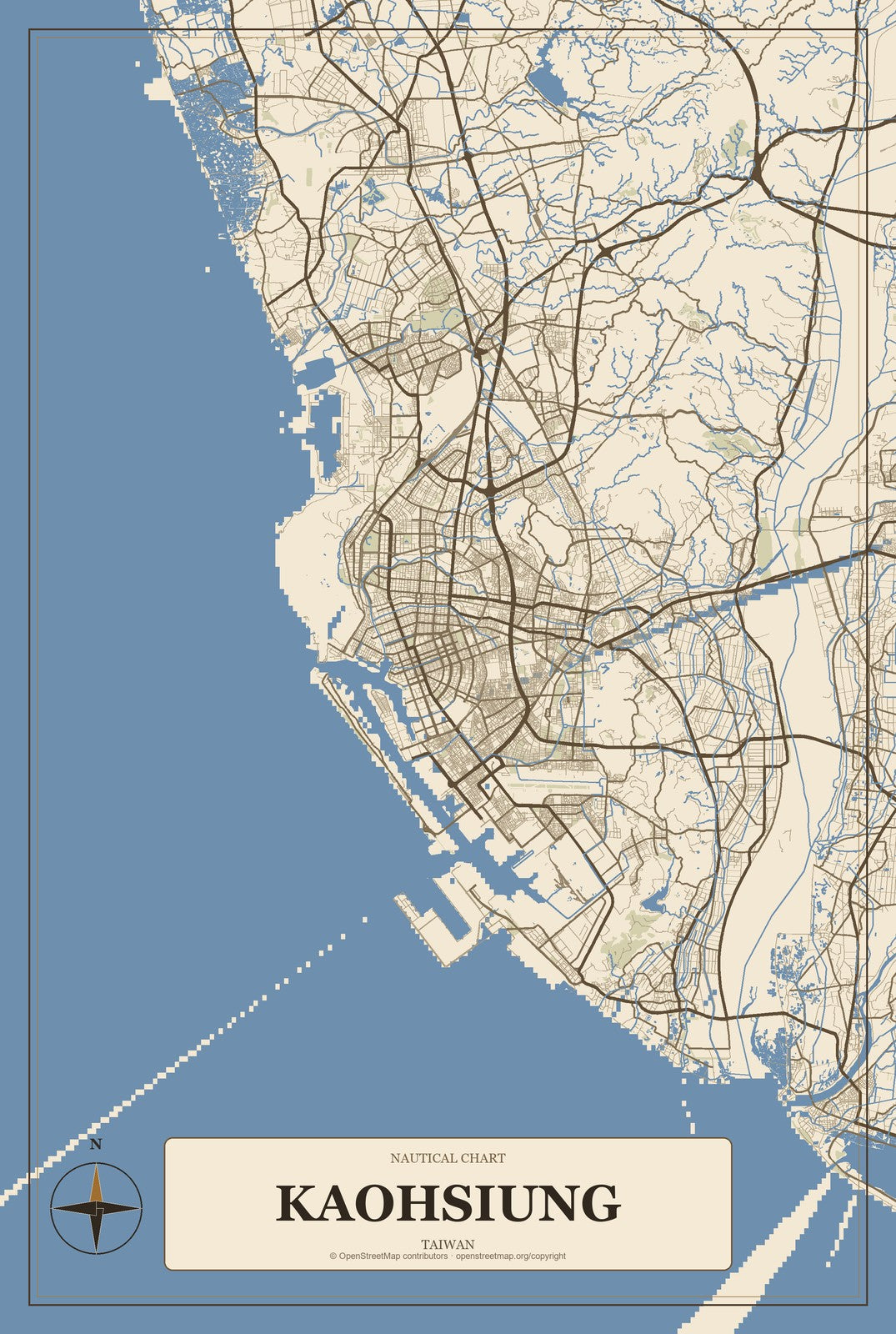 Kaohsiung, Taiwan City Map Aluminum Sign in Heritage Nautical style