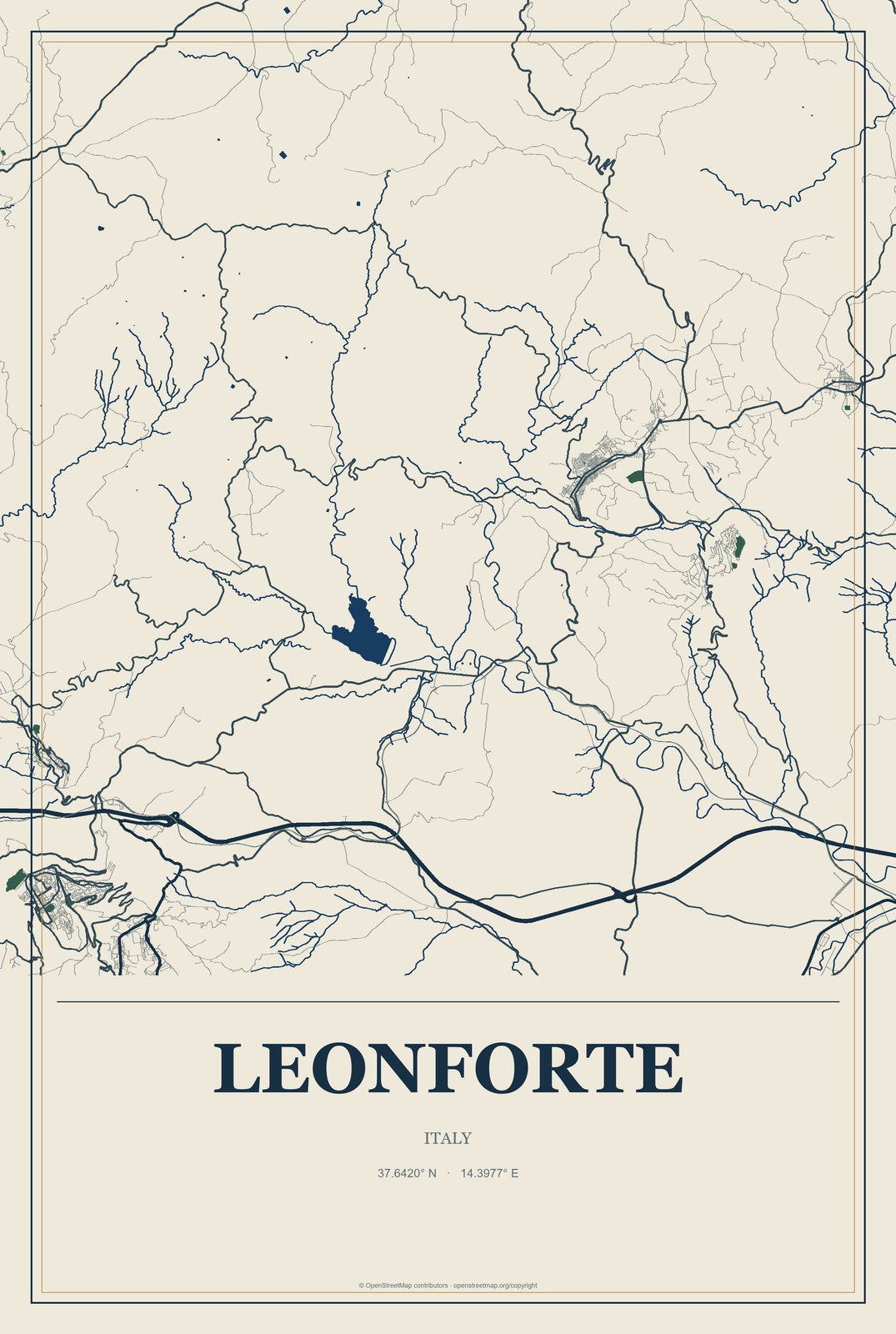 Leonforte, Italy City Map Aluminum Sign in Coastal Cutout style