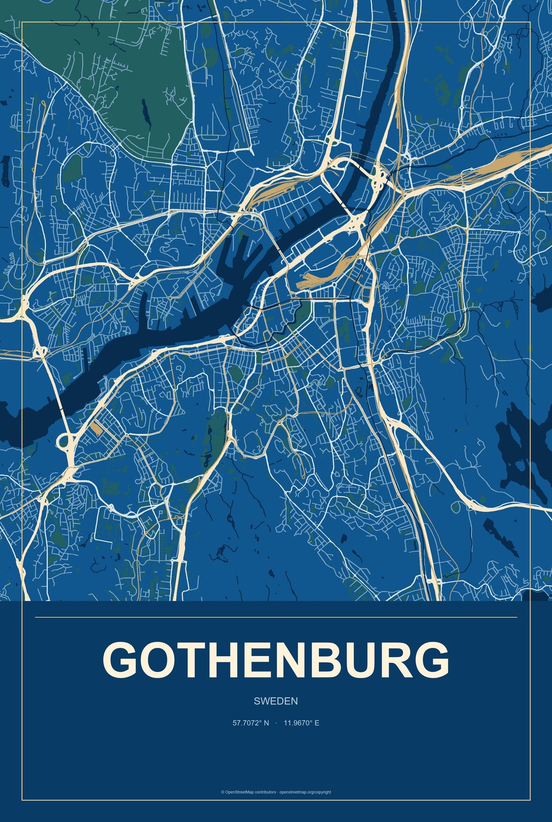 Gothenburg, Sweden City Map Aluminum Sign in Harbor Cobalt style